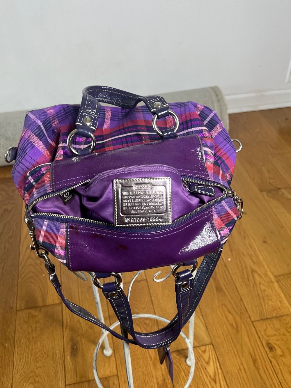 Coach Purple Plaid Satchel with Pink Accents - Picture 4 of 10